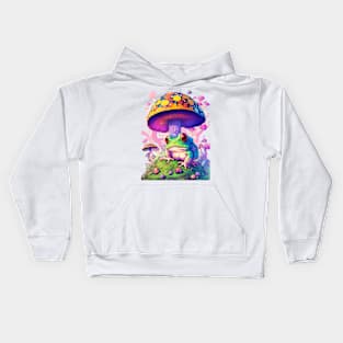 Colorful toad on mushroom field lots of pretty fantasy colors Kids Hoodie